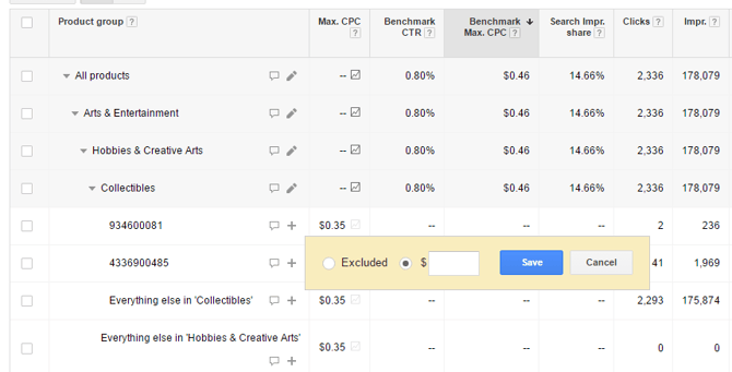 la campaña de Google Shopping crea un grupo de productos excluir