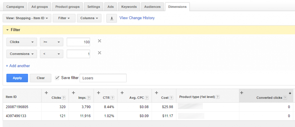 resultados de filtro oser de la pestaña de dimensiones de google adwords